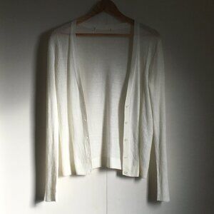 Cream Lightweight Knit Button Down Cardigan With Ribbed Sleeves